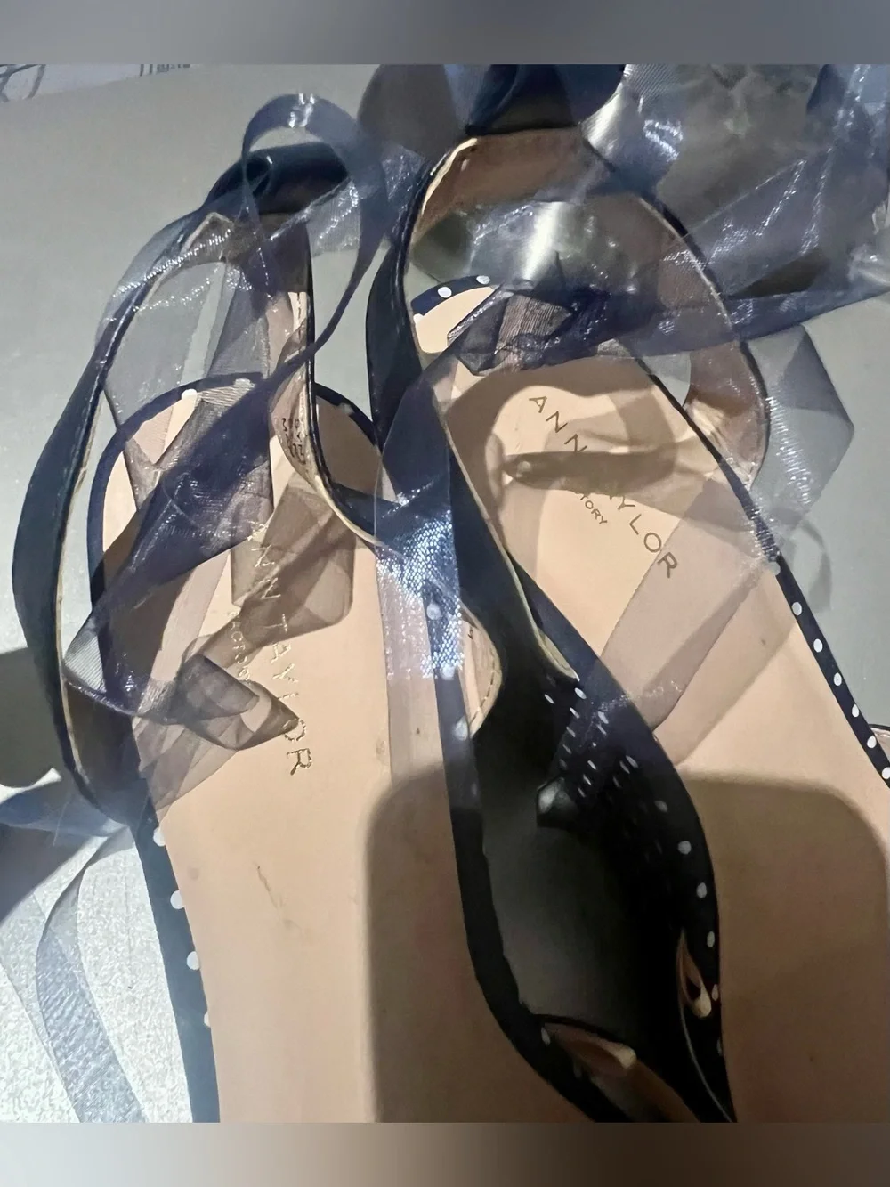 Taylor Navy Polka Dot Wedge Sandals with Clear Ankle Ties